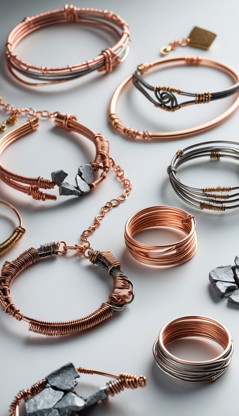 Close-up of broken jewelry pieces artistically repaired with wire wrapping, displayed on a neutral background.